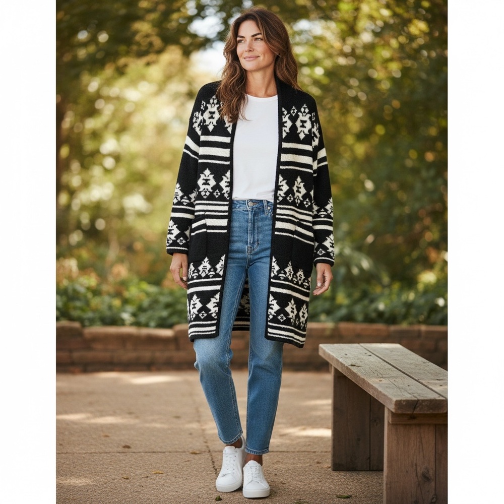 Max Studio Cardigan Black/White Long Open‎ Front Patterned in Size L  NWT